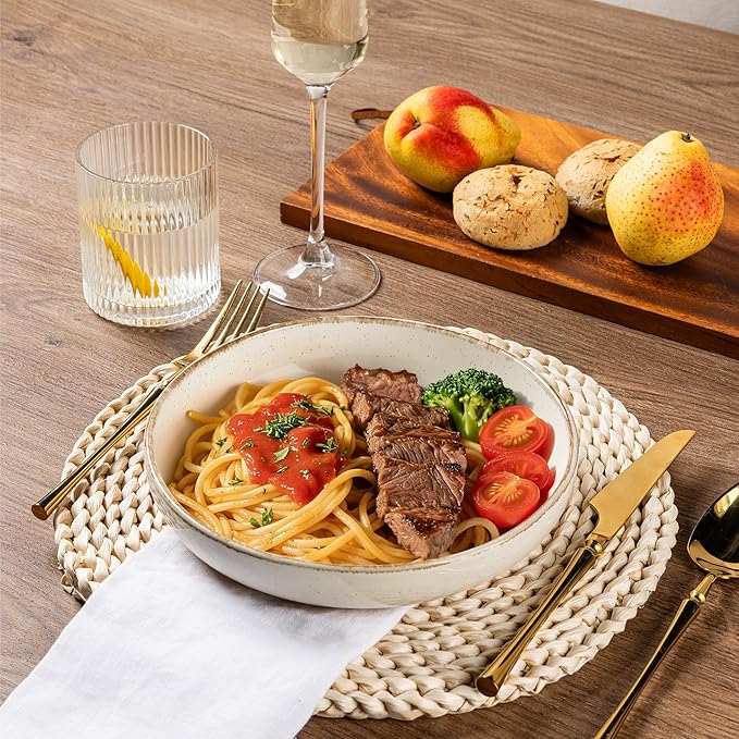 AmorArc Ceramic Dinnerware Sets with Pasta Bowls for 6, Handpainted Plates and Bowls Set with Rustic Terracotta Underside, Scratch Resistant Dishes Set, Dishwasher & Microwave Safe, 24 Pcs