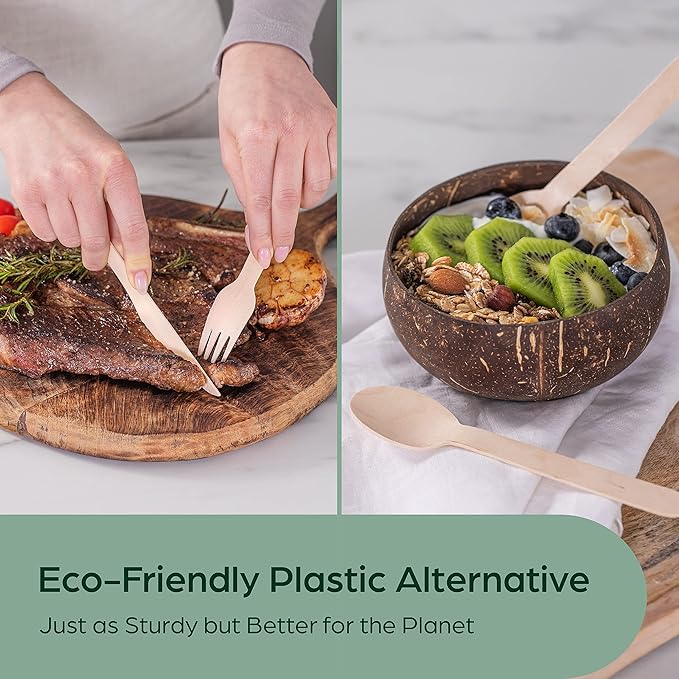 Wooden Compostable Utensils Set - 360 Pieces (120 Forks 120 Spoons 120 Knives) Sturdy Wood Disposable Cutlery - Eco-Friendly Biodegradable Utensils for Party - Free From Plastic Cutlery Set for Eating