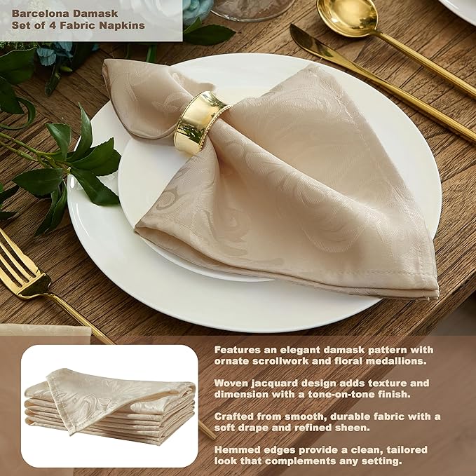 Newbridge Barcelona Luxury Damask Fabric Tablecloth, 70” Extra Wide x 90” Rectangle, Golden Beige, 100% Polyester, No Iron, Soil Resistant Dining Room, Party and Banquet Table Cover