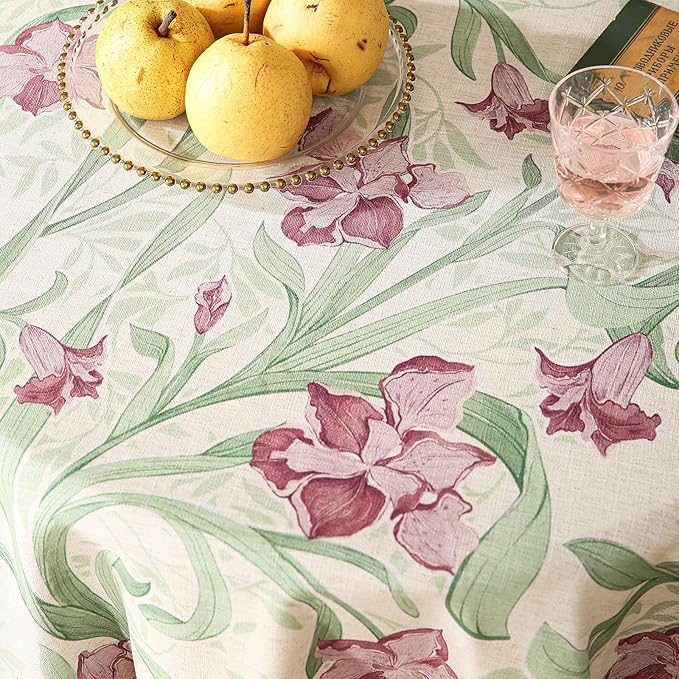 patdrea Designer Linen Small Green Roun Tablecloth,Violets Pattern Vintage French Tablecloths,Floral Decor Table Cover for Kitchen Dining Christmas,Thanksgiving,Tea Party,Diameter 55"-Tara a