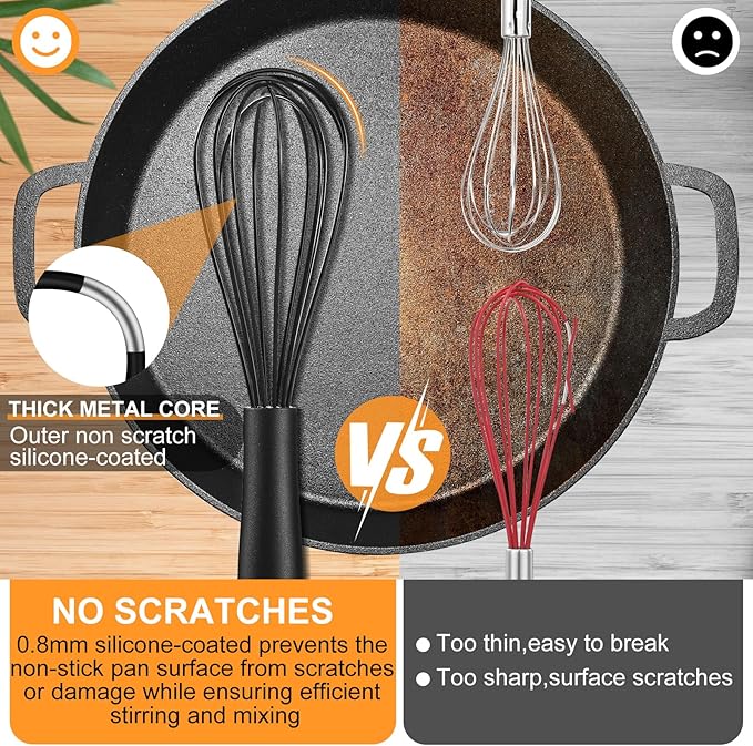 Silicone Whisk,Heat Resistant Non Scratch Whisks Set of 3,Stainless Steel & Silicone Wisk for Cooking,Kitchen Whisk For Nonstick Cookware,Balloon Egg Whisk Perfect for Blending,Beating,Frothing-Black