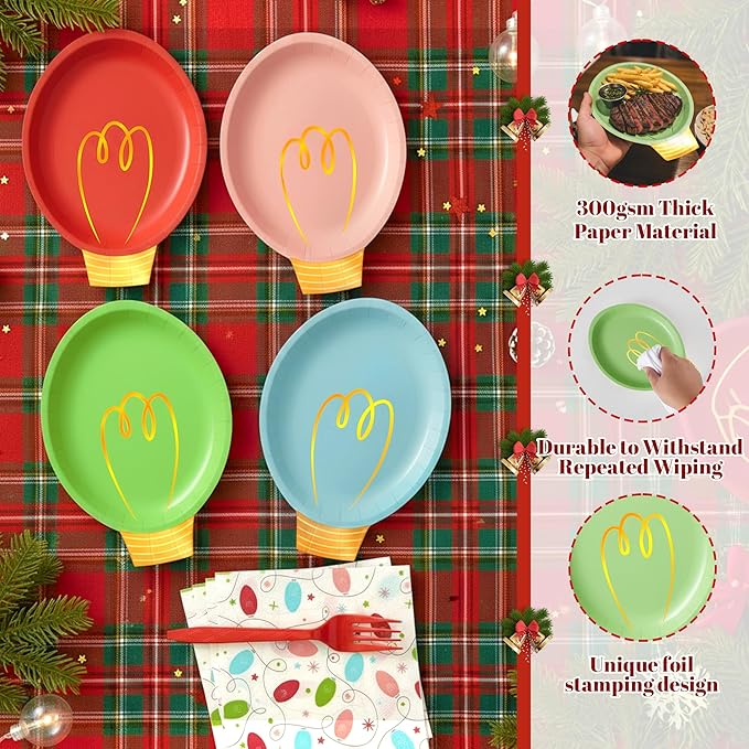 75Pcs Christmas Plates Dinnerware Set Disposable, Heavy Duty Christmas Paper Plates and Napkins with Plastic Forks Party Supplies Serve 25, Light Bulb Design Dinnerware Set for Holiday Home Xmas Party