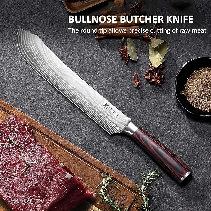 PAUDIN Butcher Knife, 10″ Bullnose Brisket Knife,Forged High Carbon German Steel, Ultra Sharp Edge for Meat Cutting, Ergonomic Handle Design
