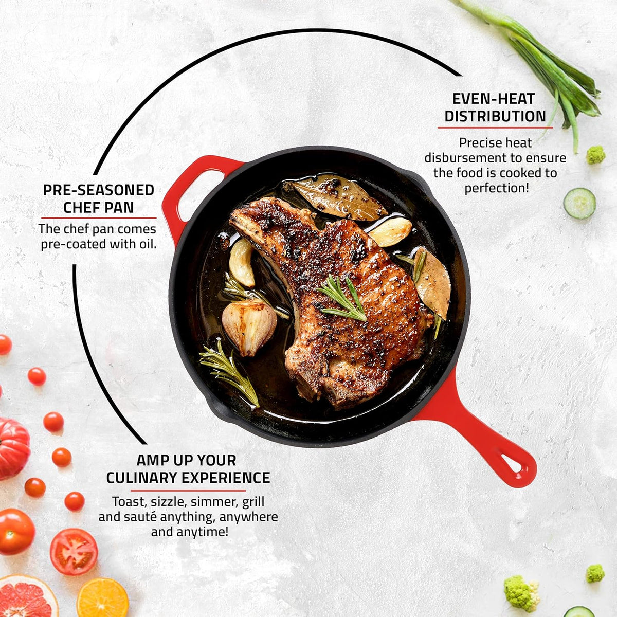 Utopia Kitchen Saute Frying Pan 12 Inch, Cast Iron Chefs Pan, Pre Seasoned Cast iron Skillet With Lid, Safe Grill Cookware for Indoor & Outdoor Use, Red