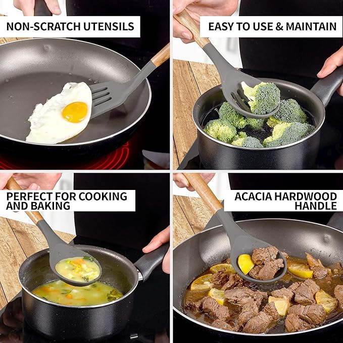 Zulay Kitchen Utensils Set Non-Stick Silicone Cooking Utensils Set with Authentic Acacia Wood Handles - 5 Piece Silicone Utensil Set - Kitchen Utensils Set with 464°F Heat Resistance - Gray