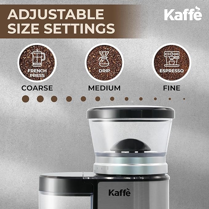 Kaffe Electric Burr Coffee Grinder (5.5oz) w/Adjustable Precise Coarseness Settings - Flat Burr - [Improved Motor] - Precision Coffee Bean Grinder for Home Use - Stainless Steel