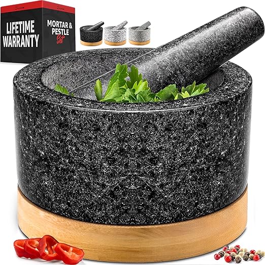 PriorityChef Heavy Duty Mortar and Pestle Set with Bamboo Base, 100% Natural Granite Stone Grinder, Guacamole Bowl and Masher, 2 Cups, Black