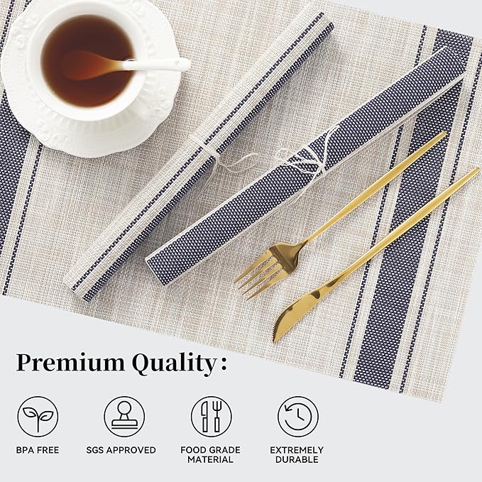 Leetaltree Khaki-Blue Placemats, Heat Resistant Non-Slip Place mats for Dining Table, Washable Durable PVC Vinyl Woven Table Mats (Set of 4)