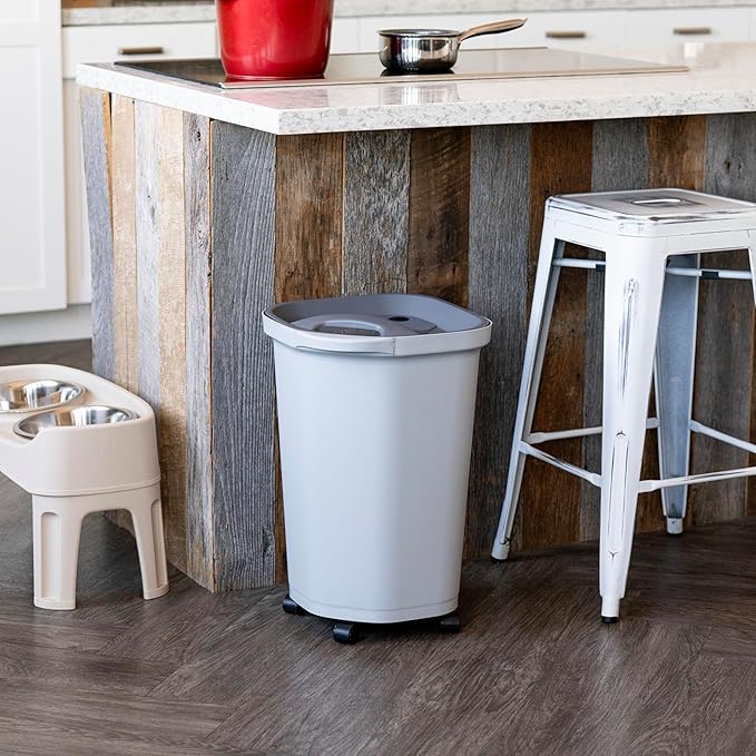 IRIS USA Pet Food Storage Container 25 lbs, Premium 60% Improved Airtight Seal with Air Valve, 2 Cup Scoop, Removable Wheels, Easy to Open - Made in the USA, Gray