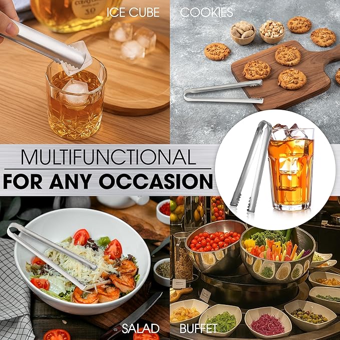 DUGATO Stainless Steel Cocktail Tongs (6 Pack, 6.3 inch) - Small Bar Ice Tongs with Sharp Grip Teeth for Ice Buckets, Sugar, Olives & Garnishes - Party Essentials