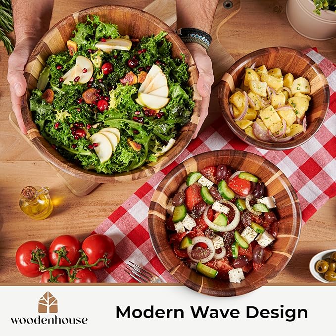 Wooden Salad Bowl Set, Salad Bowls Set of 3 - Wavy Design Salad Bowl Set for Serving, Handmade, Durable and Stylish Natural Wood Dining Accessory by Woodenhouse