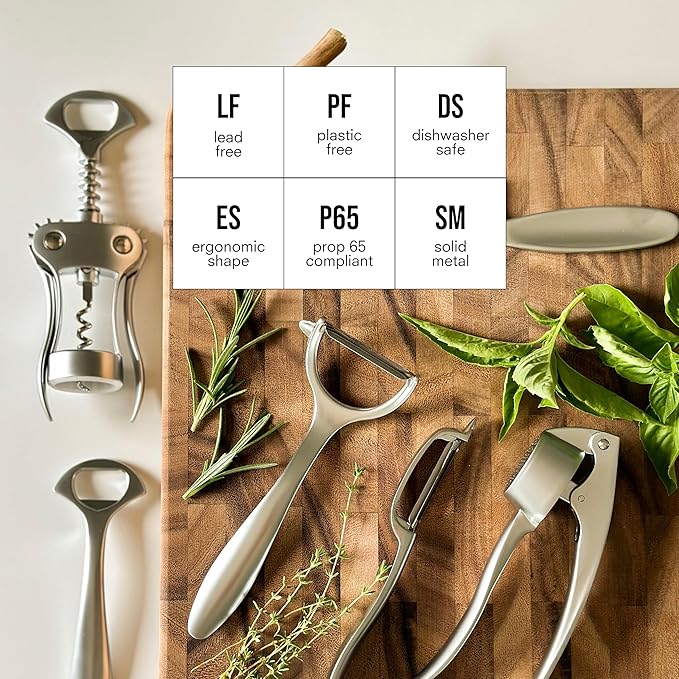 Public Goods Kitchen Tool Set | 6 Piece Kitchen Utensil Set | Includes Y-Peeler, Peeler, Bottle Opener, Wine Opener, Pizza Cutter, and Garlic Press | Plastic-Free, Dishwasher Safe Gadget Essentials