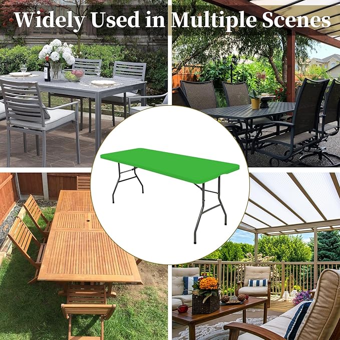 6 Pack Fitted Tablecloth for 8 Foot Rectangle Tables, Green Elastic Outdoor Picnic Table Cover, Washable Stretch Folding Table Cloths 8 ft for Camping Party Patio Kitchen Banquet, 30" W x 96" L