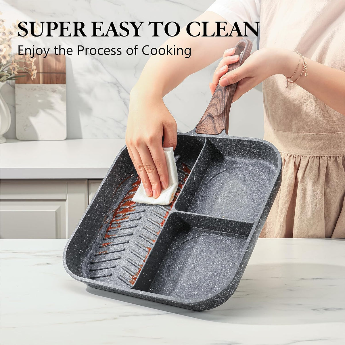 Sensarte Nonstick 11-Inch Square Grill Pan, 3-Section Versatile Breakfast Skillet, Die-cast Aluminum, PFOA, PFOS, APEO Free, Induction, Gas, Electric, Glass, Ceramic