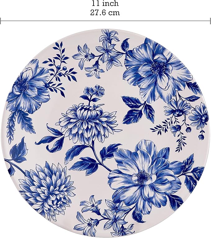 Bico Blue Floral Haven Dinner Plates Set of 4, 11 Inch Large Ceramic Plates for Pasta, Steak, Stylish Serving Dishes, Microwave and Dishwasher Safe, Gift for Housewarming and Thanksgiving