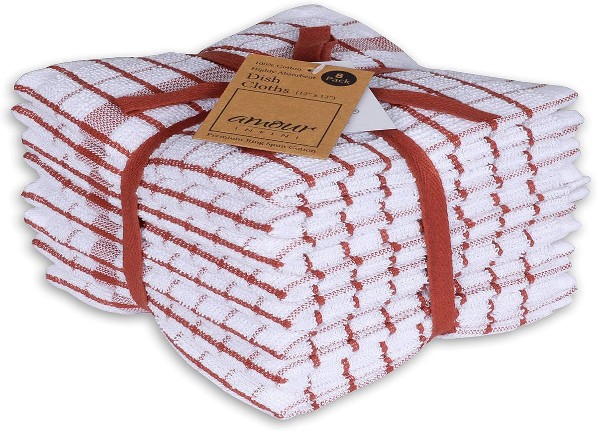 AMOUR INFINI Kitchen Dish Cloths Set of 8 - Ultra Soft, Highly Absorbent, Quick-Drying Terry Cotton Dishcloths 12"x12" Inch Wash & Cleaning Cloths for Kitchen & Dishwashing (Rust)