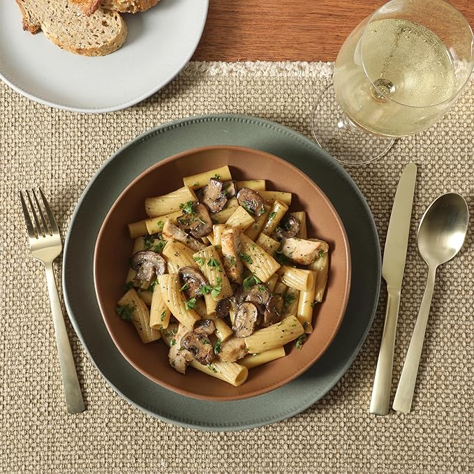 Gibson Elite Menlo Park 16-Piece Pottery Clay Stoneware Dinnerware Set – Assorted Color Reactive Glaze, Organic Shape Embossed Plates and Bowls W/Pasta Bowl, Service for 4 Microwave Dishwasher Safe