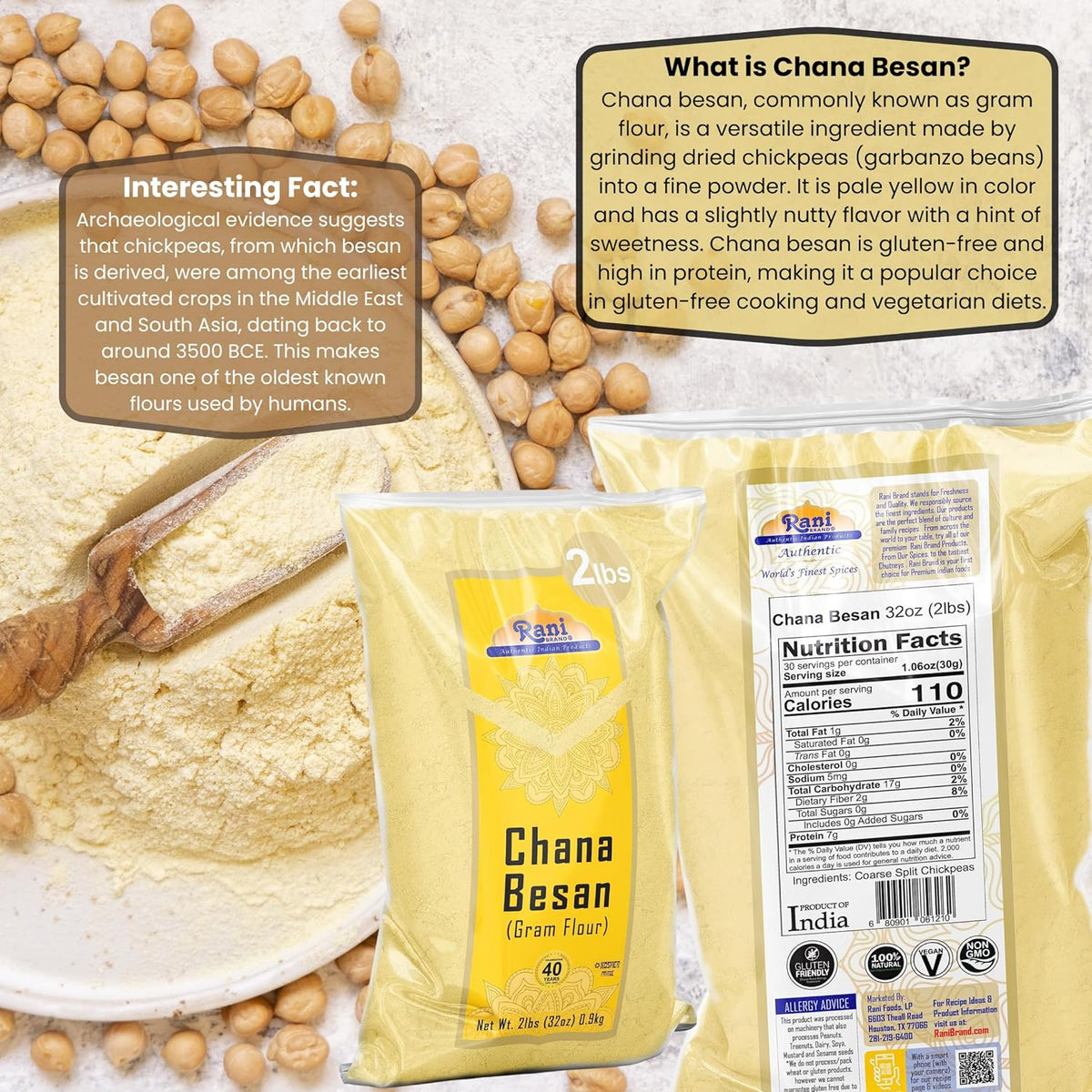 Rani Chana Besan (Chickpeas Flour, Gram) 32oz (2lbs) 908g ~ All Natural | Vegan | Gluten Friendly | NON-GMO | Kosher | Indian Origin