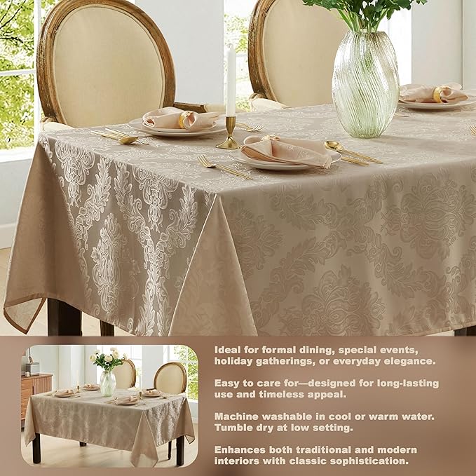 Newbridge Barcelona Luxury Damask Fabric Tablecloth, 70” Extra Wide x 90” Rectangle, Golden Beige, 100% Polyester, No Iron, Soil Resistant Dining Room, Party and Banquet Table Cover