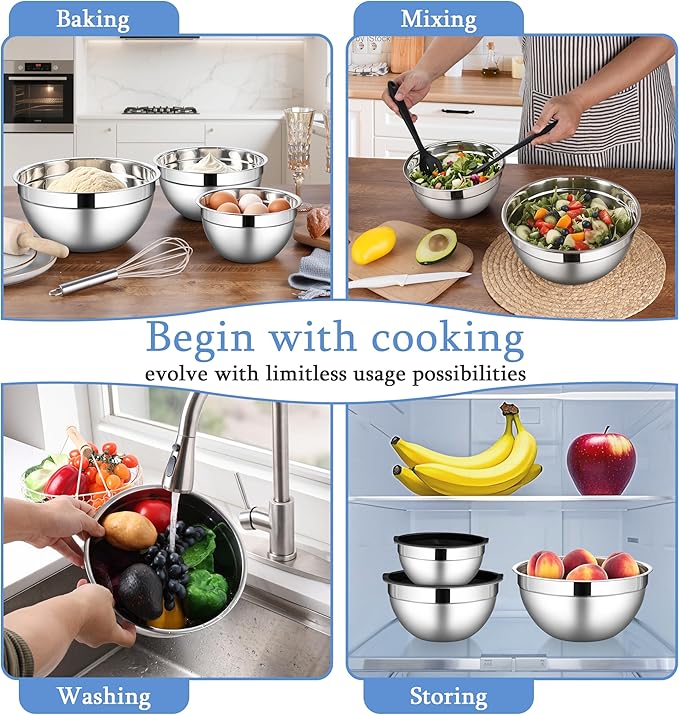LIANYU Mixing Bowls with Lids Set of 3, Large & Small Stainless Steel Nesting Metal Bowls for Kitchen Storage, Dishwasher Safe, Size 1.5QT & 3QT & 4.6QT, Black
