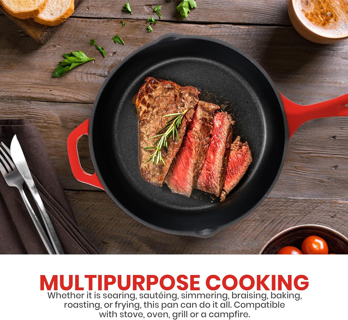Utopia Kitchen Saute Frying Pan 12 Inch, Cast Iron Chefs Pan, Pre Seasoned Cast iron Skillet With Lid, Safe Grill Cookware for Indoor & Outdoor Use, Red