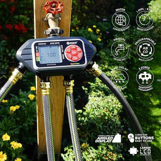 Eden 93413 Programmable Digital Water Timer 4-Zone, Compatible with Wireless Soil Moisture Sensor