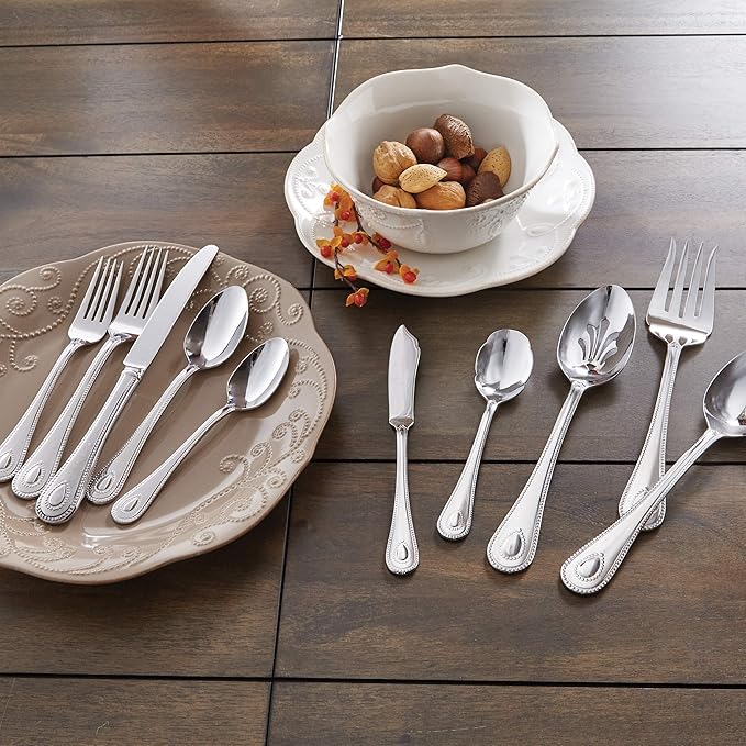 Lenox Silverware Set For 12, French Perle 65-Piece Flatware Set with Serving Utensils, Service For 12, Elegant 18/10 Stainless Steel Utensils with Beading, Knives Spoons & Forks (Silver, 65 Piece)