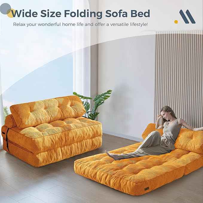 MAXYOYO Folding Sofa Bed, Convertible Sleeper Chair with Pillow Foldable Matress with Back Support, Portable Fold Out Chair Bed Comfy Floor Sofa Lounge for Living Room Bedroom, Orange Double