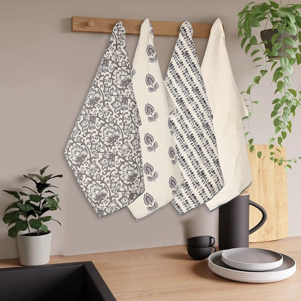 Kitchen Towels Dish Towels for Kitchen- Gray & Beige Tea Towels for Kitchen-Bar Towels for Kitchen-KitchenTowels and dishcloths-Printed Floral 18"x28" Pack of 4