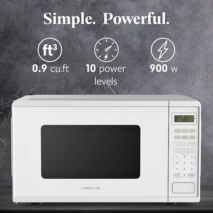 Farberware 0.9 Cu. Ft. Countertop Microwave Oven – 900 Watts Power, Auto Cook Settings, Defrost, Easy Clean and Child Safety Lock - White