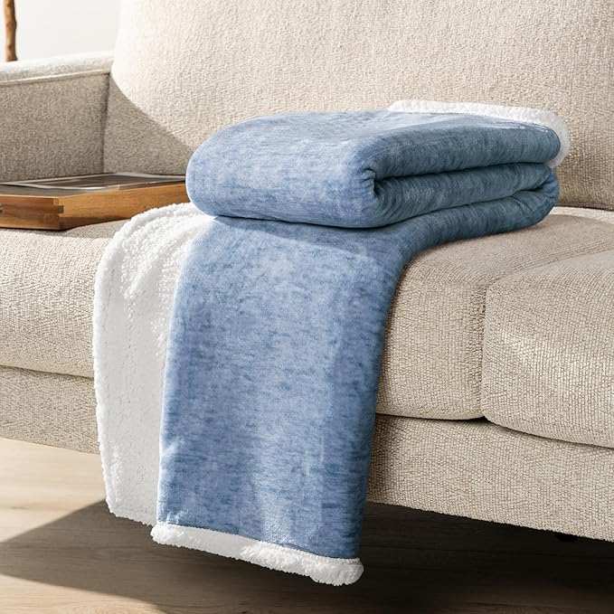 PAVILIA Melange Blue Sherpa Blanket Throw for Couch, Warm Soft Cozy Reversible Blanket Sofa Bed, Thick Plush Large Fleece Car Blanket, Decorative Home Room Decor Gifts Men Women, 50x60 Navy Blue