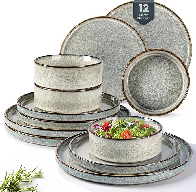 GBHOME Ceramic Dinnerware Sets for 4, 12 Pieces Stoneware Plates and Bowls Sets, Reactive Glaze Dishes -Scratch Resistant, Dishwasher&Microwave Safe