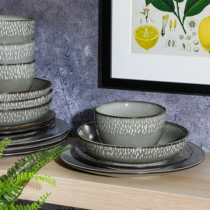 Gibson Elite Matisse 16-Piece Double Bowl Dinnerware Set, Service for 4 – Green Stoneware Plates and Bowls