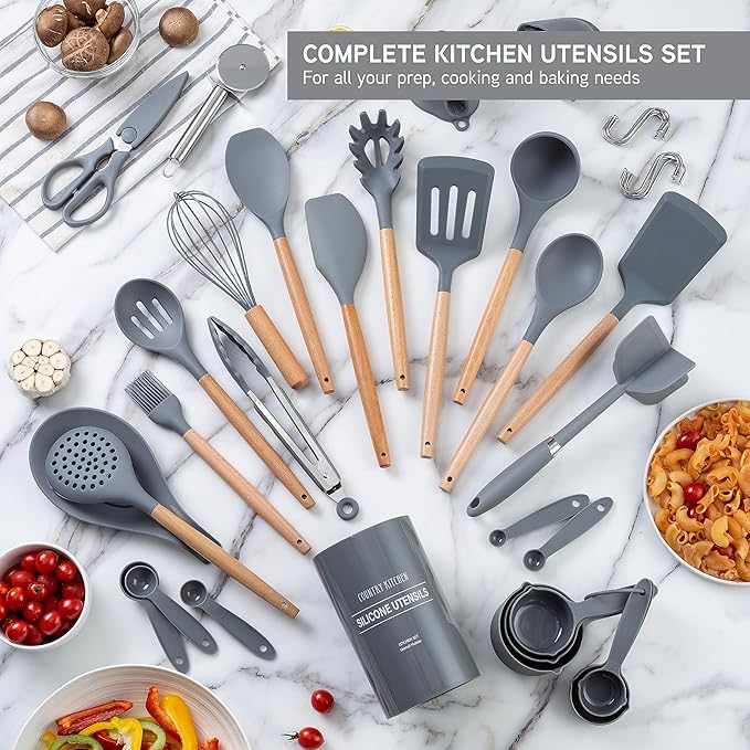 Country Kitchen Non Stick Silicone Utensil Set with Rounded Wood Handles for Cooking and Baking, 38 Piece Set, Gray