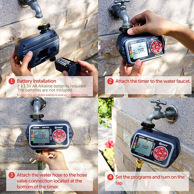 Eden 93411 1-Zone Digital Water Timer with LCD Display - Programmable Sprinkler System Manual Watering Rain Delay and Moisture Sensor Compatibility