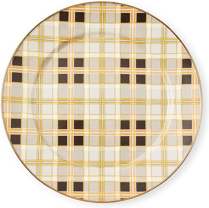 MACKENZIE-CHILDS Enamel Charger Plate, Charger Decoration Plate for Dinner Plates or Home Decor, 12 Inches, Brown-and-Gold Tartan Mocha