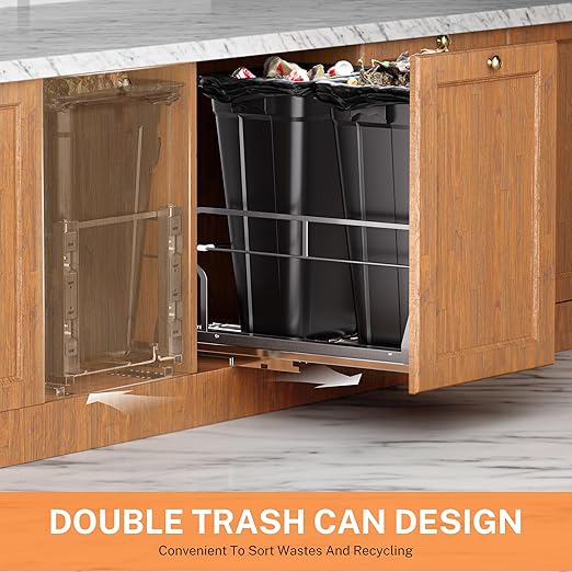 YJHome Pull Out Trash Can Under Cabinet with 2 * 10Gal Garbage, Cabinet Trash Can Pull Out Kit with Soft-Close Slides, Under Sink Trash Can with Door Mounting Kit for Minimum Opening 18" W