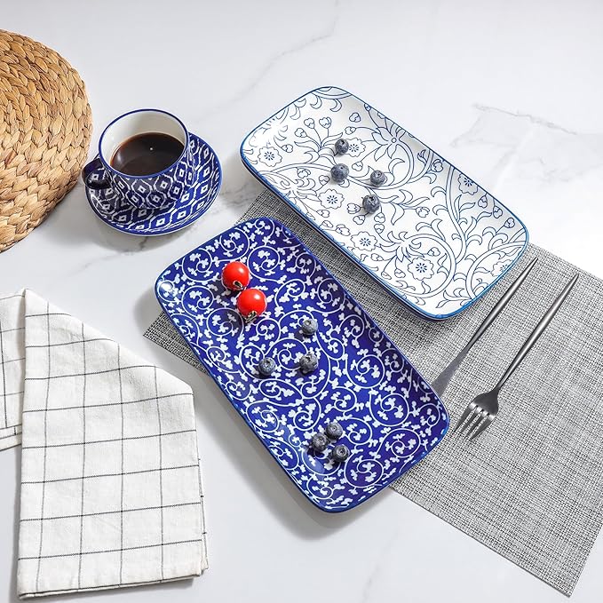 Selamica Ceramic Serving Platters, 14 Inch Serving Trays for Party Entertaining, Large Rectangular Serving Plates for Appetizer, Charcuterie, Dessert, Fruit, Set of 4, Vintage Blue