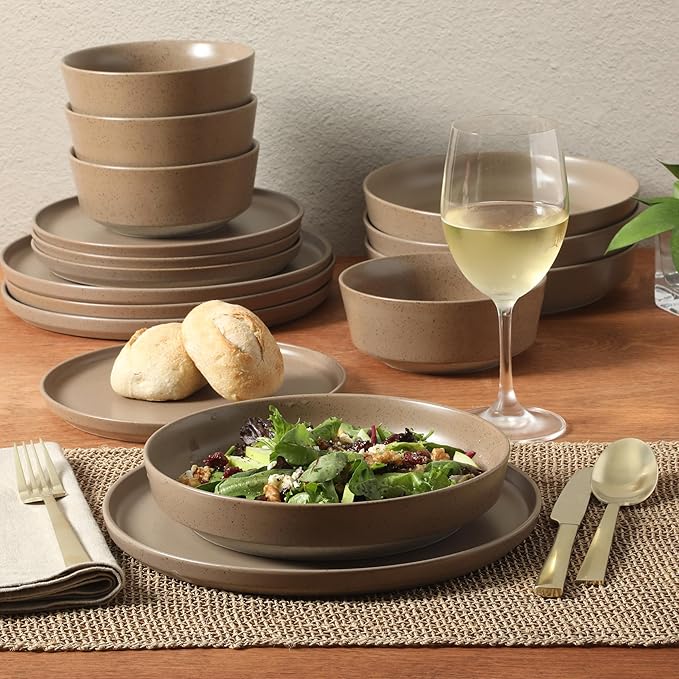 Gibson Elite Overbrook 16-Piece Pottery Clay Stoneware Dinnerware Set – Terraccotta Brown Reactive Glaze, Stackable Plates and Bowls w/Pasta Bowl, Service for 4 – Microwave & Dishwasher Safe