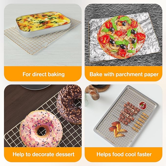 2PCS Cooling Racks for Cooking and Baking - 10" x 16"Heavy Duty Stainless Steel Wire Rack for Baking, Grilling, Roasting - Oven & Dishwasher Safe - Fits Half Sheet Pan（Gold）