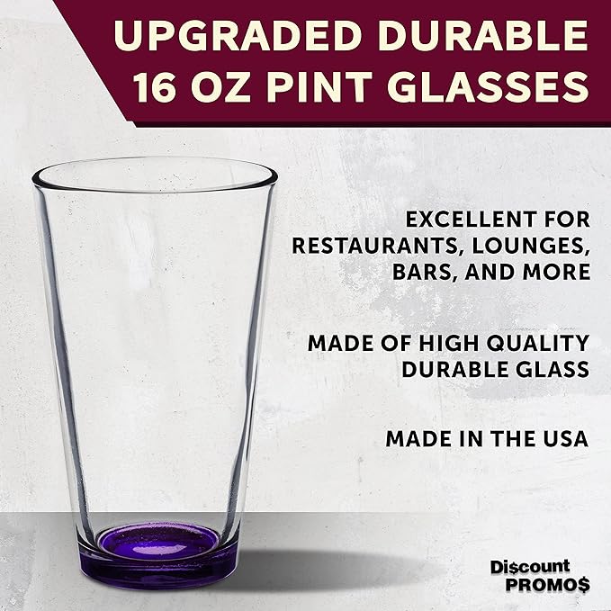 DISCOUNT PROMOS Arc Pint Glass 16 oz. Set of 10, Bulk Pack - Beer Glasses, Heavy Duty Drinkware - Purple