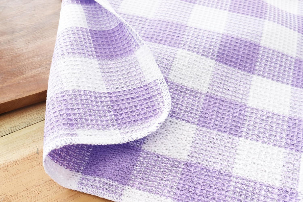 Waffle Weave Plaid Dish Cloths, 100% Cotton - 12 x 12 Inches, Ultra Soft Absorbent Quick Drying Dish Towels Buffalo Check Dish Rags for Kitchen, 8 Pack - Spring Summer - Lavender & White