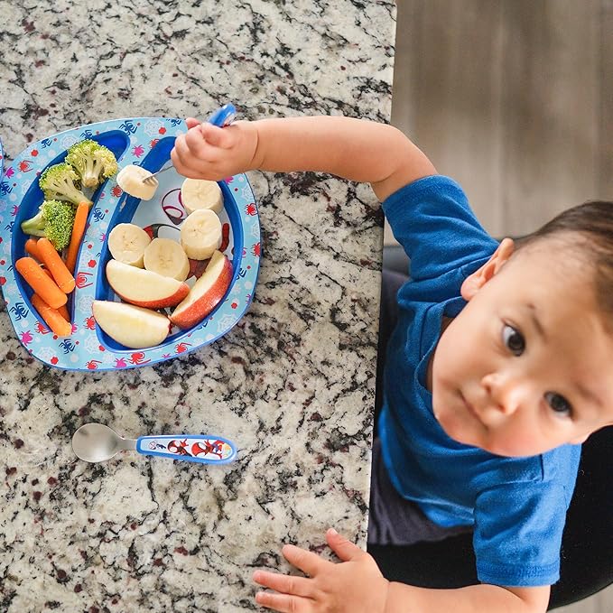 The First Years Spidey and His Amazing Friends Toddler Dinnerware Set - Toddler Plates and Toddler Utensils - Dishwasher Safe Toddler Feeding Supplies and Kids Utensils - 4 Count