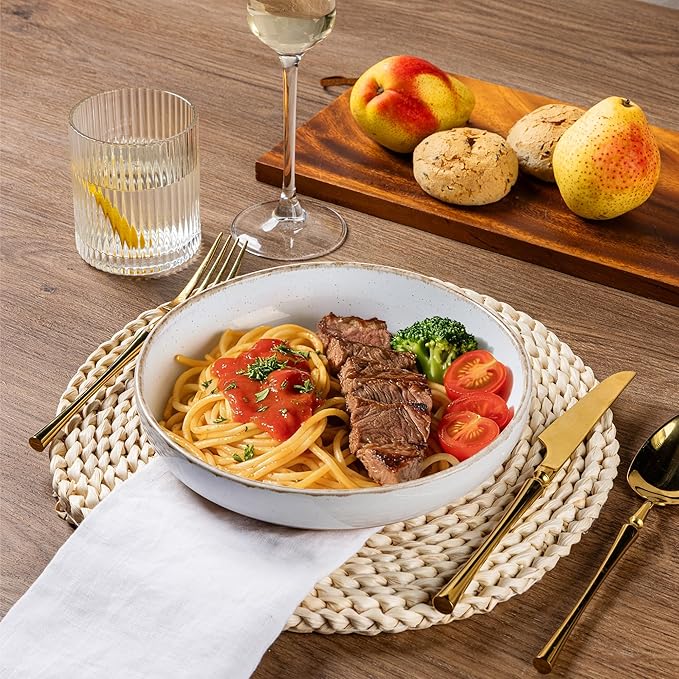 AmorArc Ceramic Dinnerware Sets for 4, 12 Pieces Handpainted Plates and Bowls Set with Rustic Terracotta Underside, Scratch Resistant Stoneware Dishes Set, Dishwasher & Microwave Safe, White