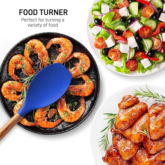 Zulay Kitchen Non-Stick Silicone Cooking Utensils Set with Acacia Wood Handles - 5 Piece Set - Heat Resistant to 464F - Dark Blue