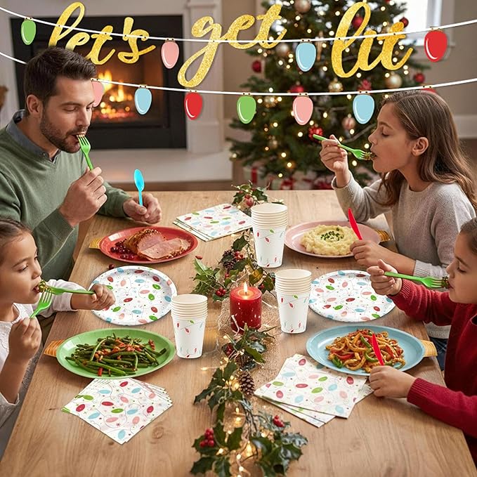 177Pcs Christmas Party Supplies Decorations, Disposable Christmas Light Bulb Paper Plates Napkins Cups Plastic Cutlery Serve 25, Heavy Duty Disposable Dinnerware Set for Holiday Home Xmas Party Decor