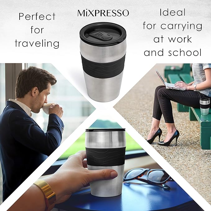 Mixpresso Personal Single Serve Coffee Maker & 14oz Travel Mug, Drip Small Coffee Maker & Tumbler, Auto Shut Off & Reusable Filter, Compatible with Coffee Grounds