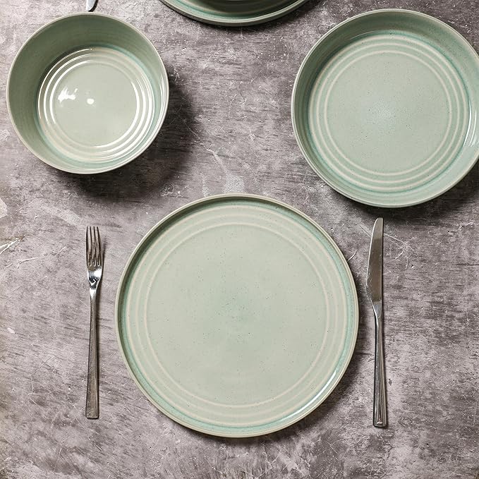 Stone Lain Claire 8-Piece Dinner Plate Set Stoneware, Plates, Dishwasher and Microwave Safe, Dish Set for 8, Green