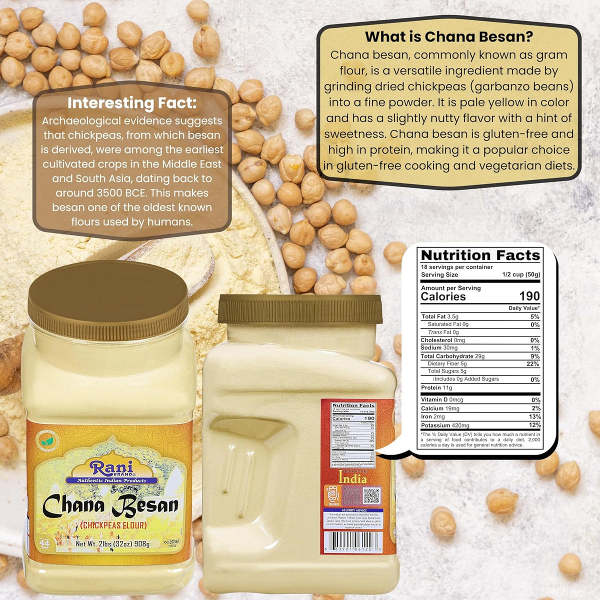 Rani Chana Besan (Chickpeas Flour, Gram) 32oz (2lbs) 908g PET Jar ~ All Natural | Vegan | Gluten Friendly | NON-GMO | Kosher | Indian Origin