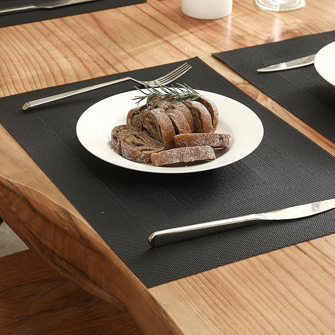 Leetaltree Black Frame Placemats Set of 4 - Heat Resistant Non-Slip Place mats for Dining Table, Washable Durable PVC Vinyl Woven Table Mats（Black Frame, 4）